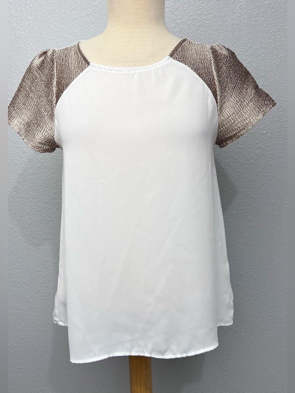 White Top with Metallic Brown Cap Sleeves - Women